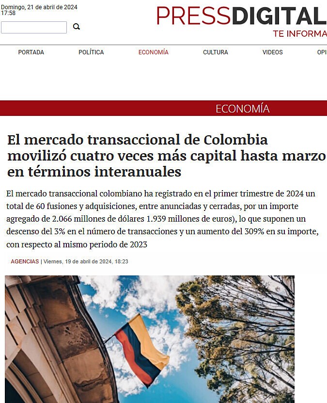 El mercado transaccional de Colombia moviliz cuatro veces ms capital hasta marzo en trminos interanuales